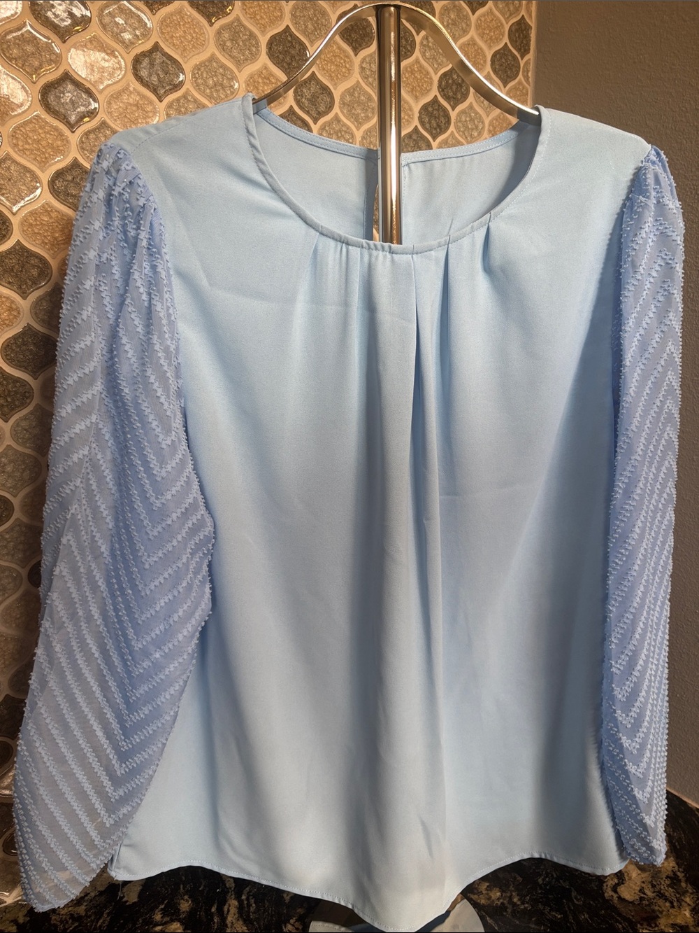 Light Blue Long-Sleeve Pleated Front Women's Dress Blouse